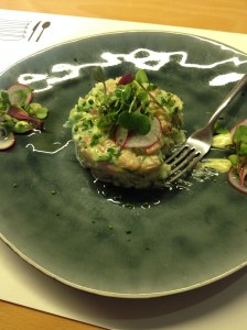 Salmon Ceviche from Tondeluna. Had a great 1st course though not what I think of when I see the word ceviche. 1er plato en restaurante Tondeluna aun que no le que pienso cuando leo ceviche de salmón.